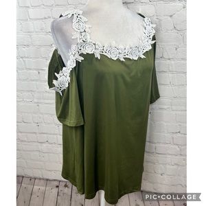 Green Lace Contrast Open Shoulder Blouse Top 3XL